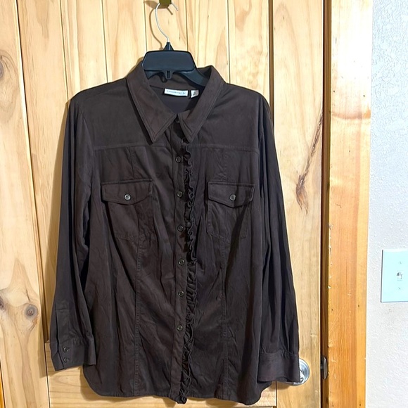 Susan Graver Brown Casual Button Down Shirt - Picture 1 of 5